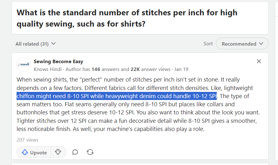 What is the standard number of stitches per inch for high quality sewing