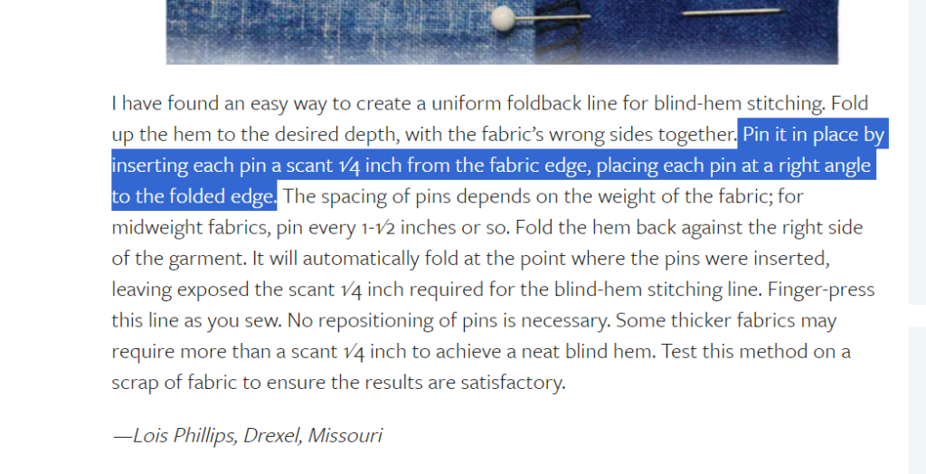 Sewing Tip for Precise Pinning for Blind Hems