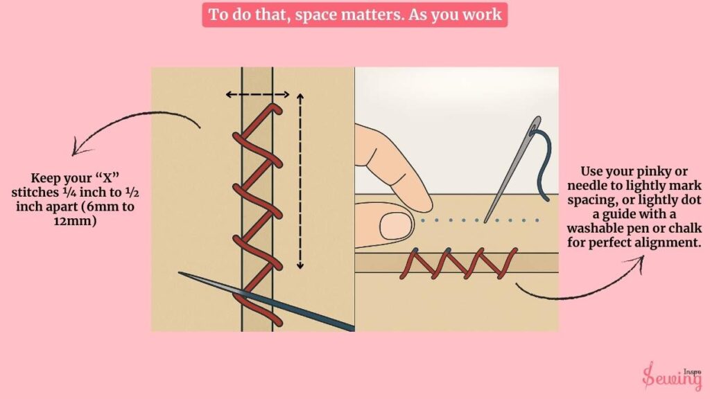 Keep your “X” stitches ¼ inch to ½ inch apart (6mm to 12mm).