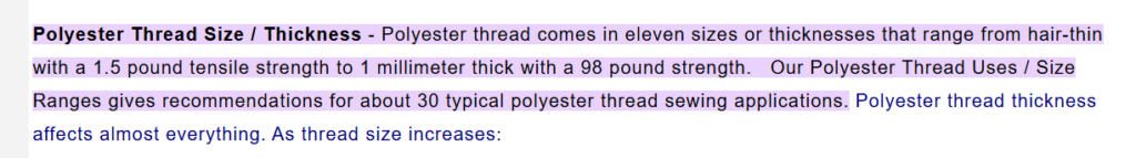 Polyester thread size