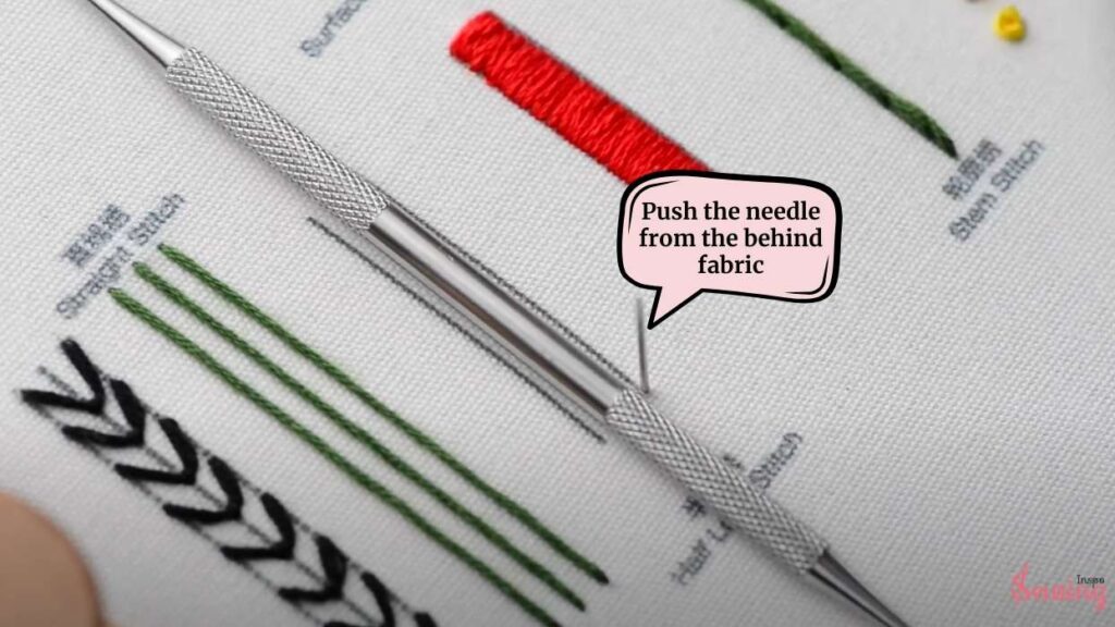 push the needle from behind the fabric