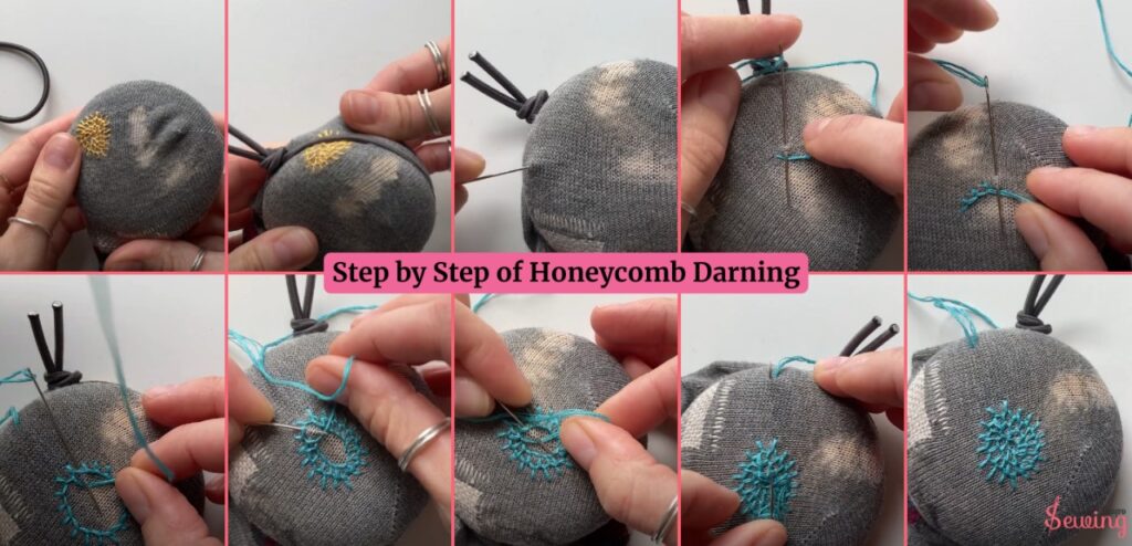 Step by step honeycomb darning stitch