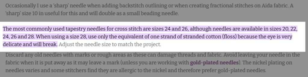 Cross stitch needles size 