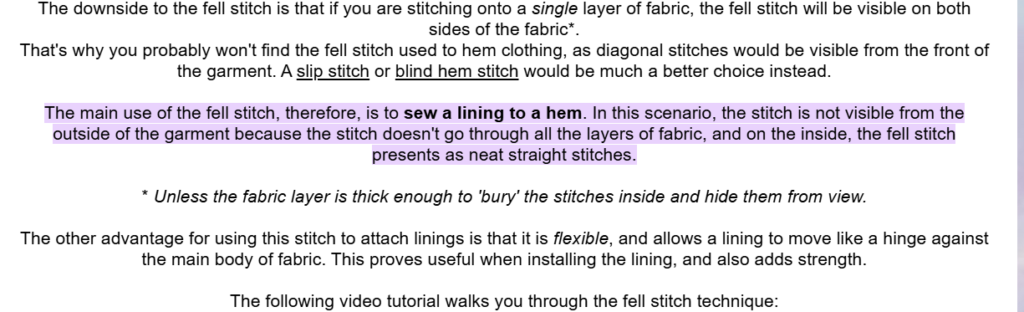 lining to a hem