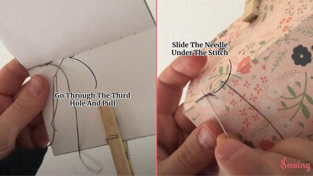 Go Through The Third Hole And Pull & Slide The Needle Under The Stitch