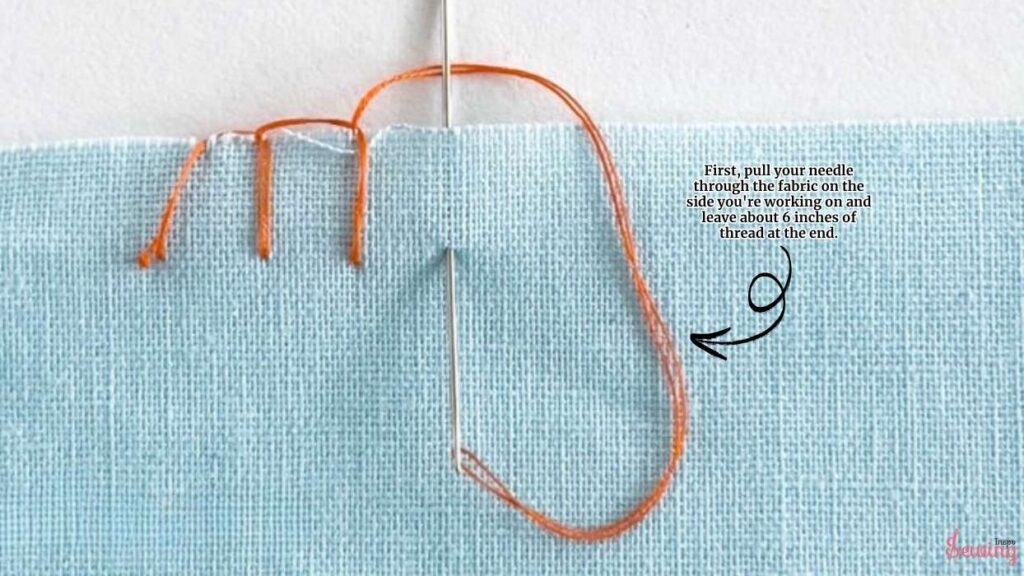 To loop stitch first, pull your needle through the fabric on the side you're working on and leave about 6 inches of thread at the end