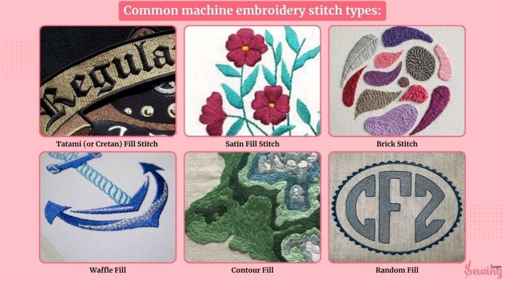 Common machine embroidery stitch types